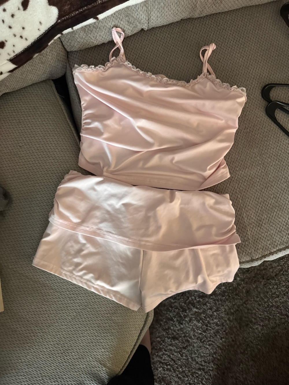 SHEIN Pale Pink Satin Lace-Trim Cami & Short Pajama Set